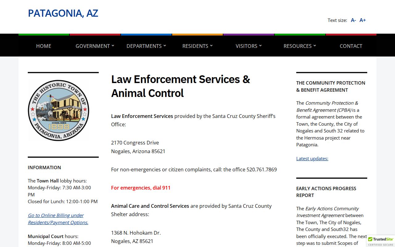 Patagonia emergency services page identifying the sheriff for Santa Cruz County arrest records