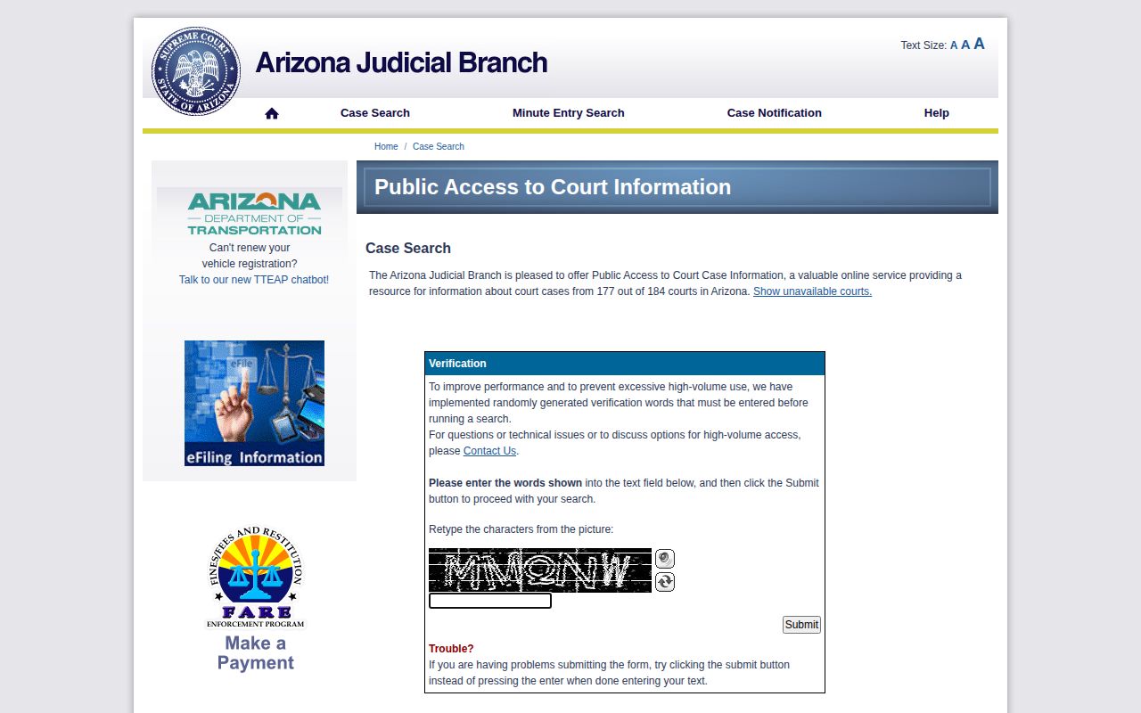 Arizona Public Access search for Santa Cruz County booking dispositions