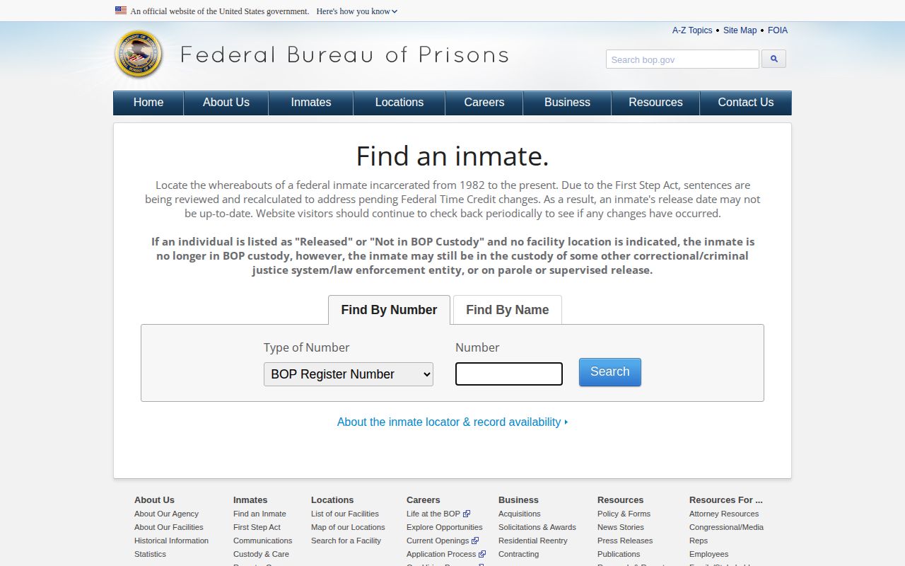 Santa Cruz County federal custody check using the BOP inmate locator